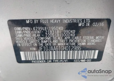 2016 Subaru Impreza 2.0I из США, поврежденный, VIN JF1GJAA61GH012986